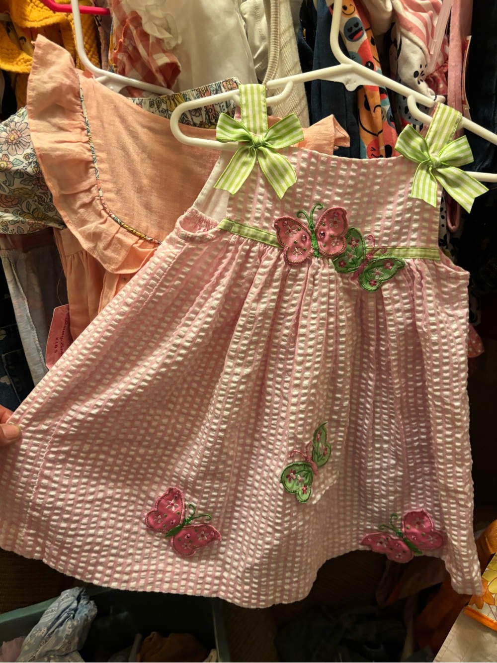 Rare Editions Pink Seersucker Dress with Green Ribbon Bows